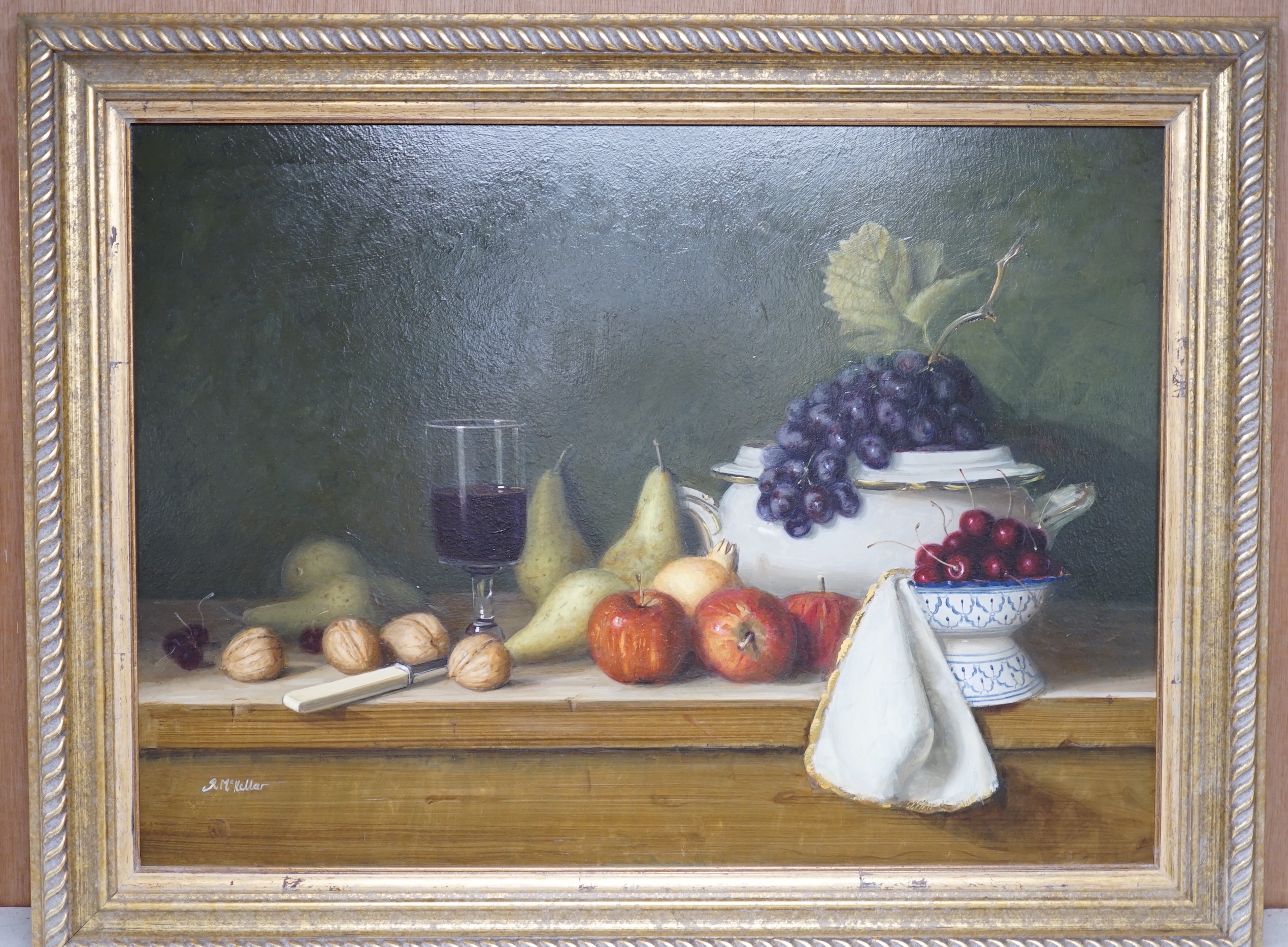 Robert McKellar (1945-2009) oil on board, Still life of fruit and vessels, signed, 55 x 40cm